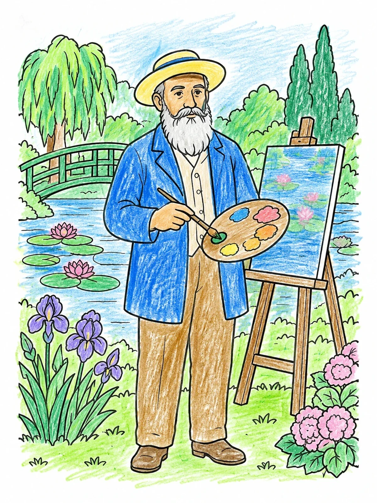 Colored example of the Claude Monet In His Water Garden coloring page