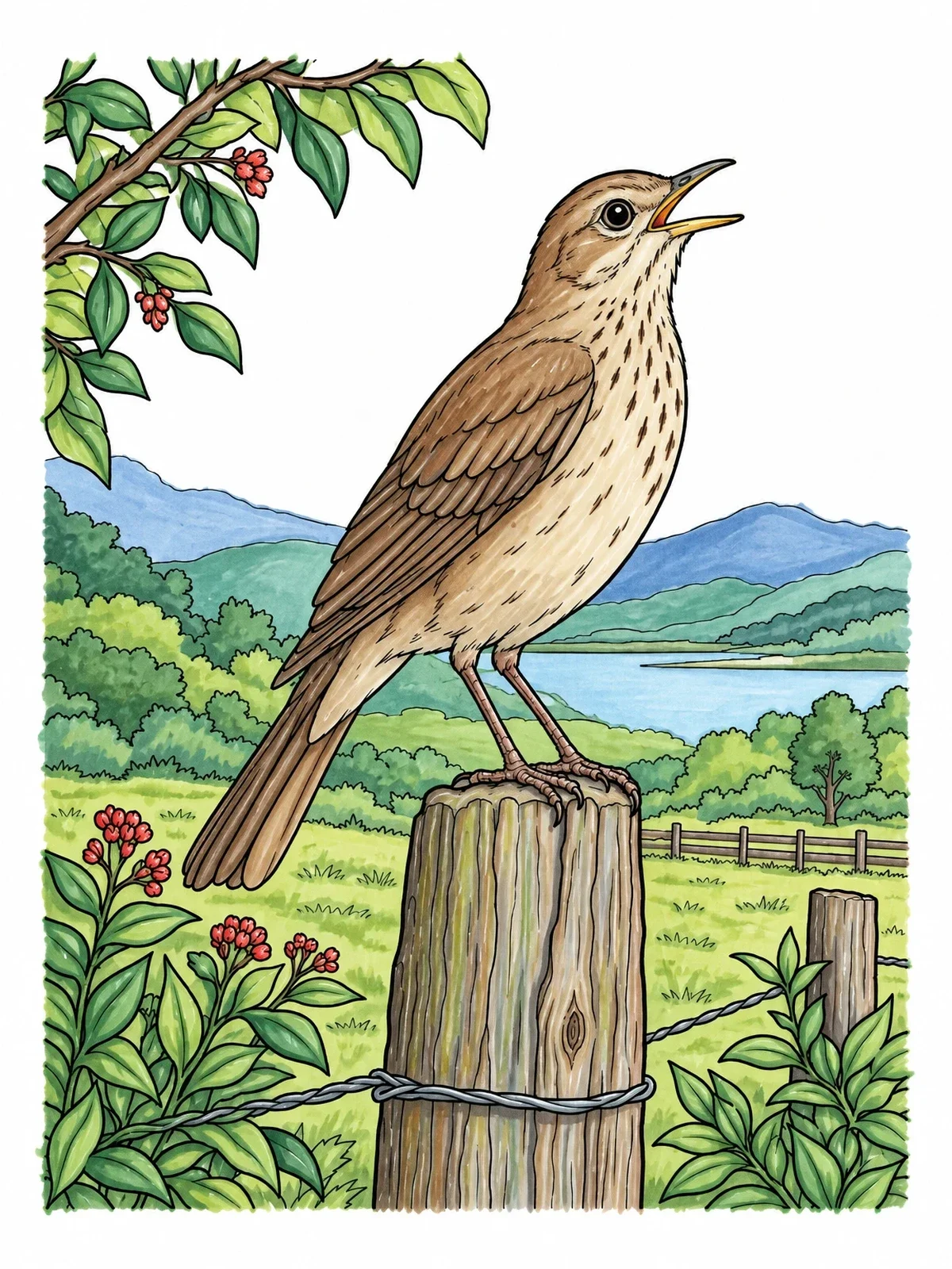 Colored example of the Clay Colored Thrush On Fence Post coloring page