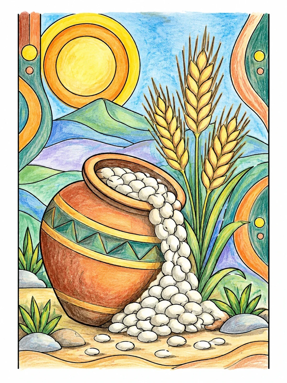 Colored example of the Clay Pot With Overflowing Manna And Wheat coloring page