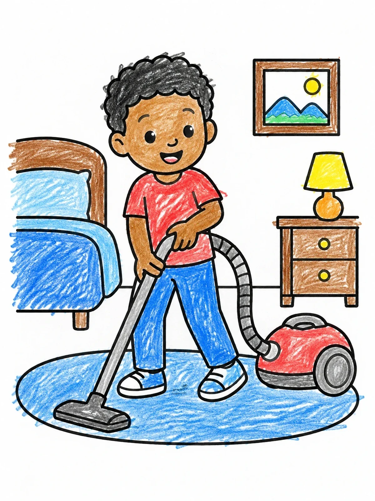 Colored example of the Boy Vacuuming Bedroom Rug coloring page