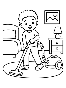 Free printable Boy Vacuuming Bedroom Rug coloring page