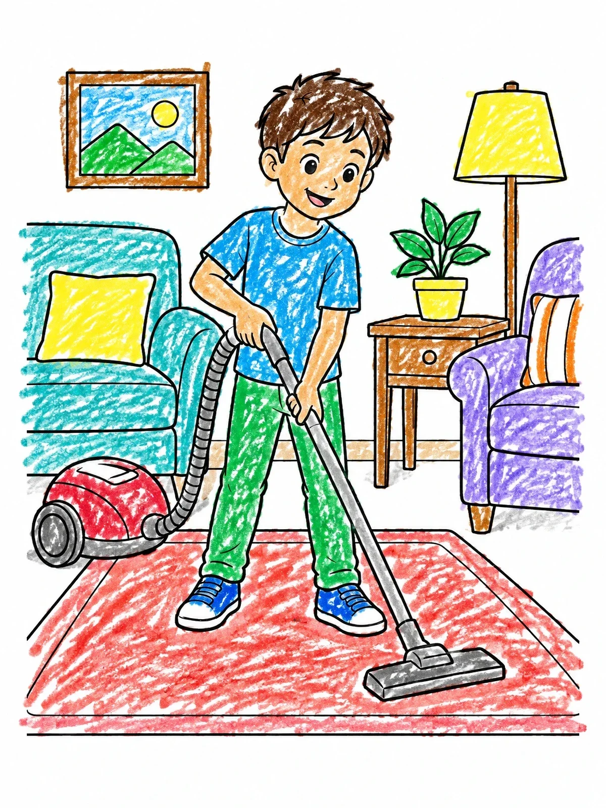 Colored example of the Boy Vacuuming The Living Room coloring page