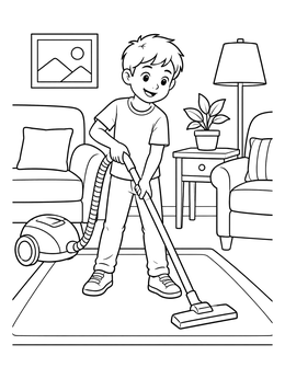A cheerful boy doing chores in a cleaning coloring page with a vacuum cleaner.