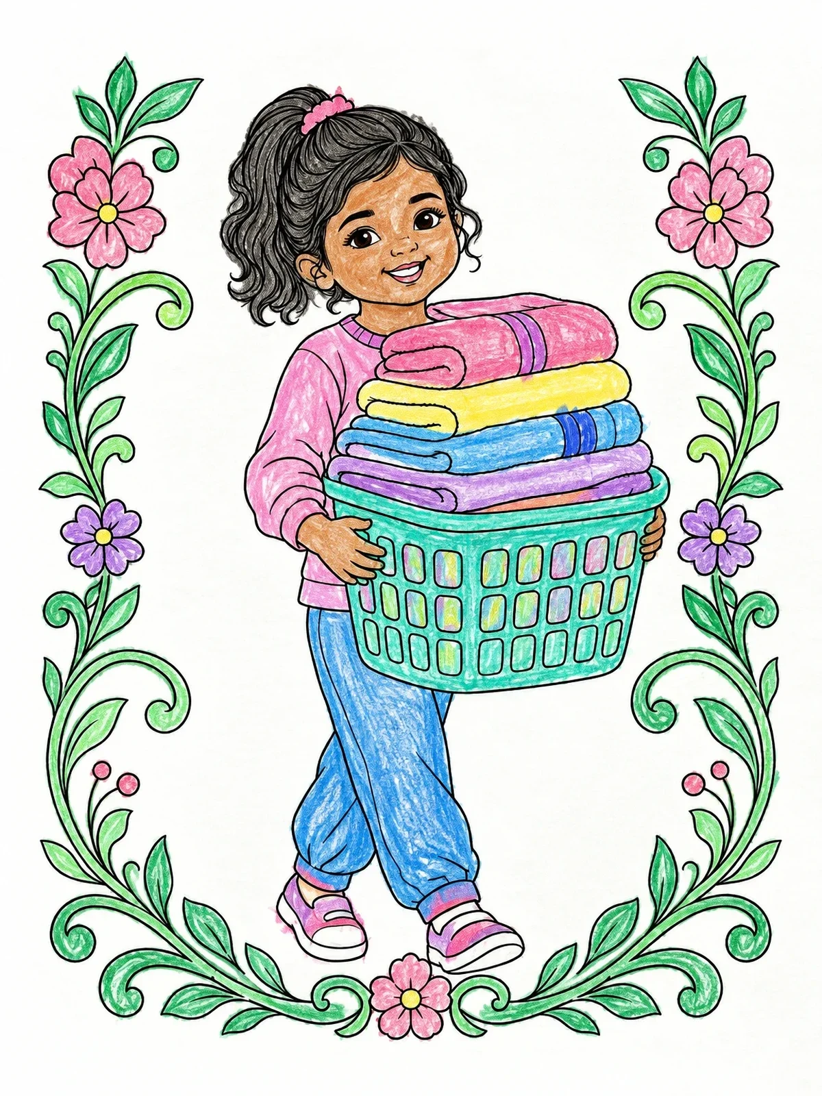 Colored example of the Child Carrying A Laundry Basket coloring page