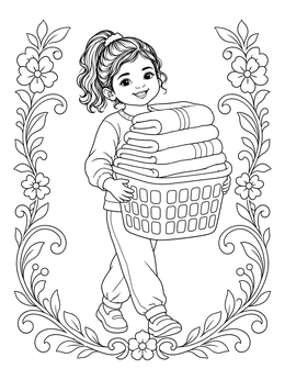 A smiling young girl carries folded towels in this cleaning coloring page framed by flowers.