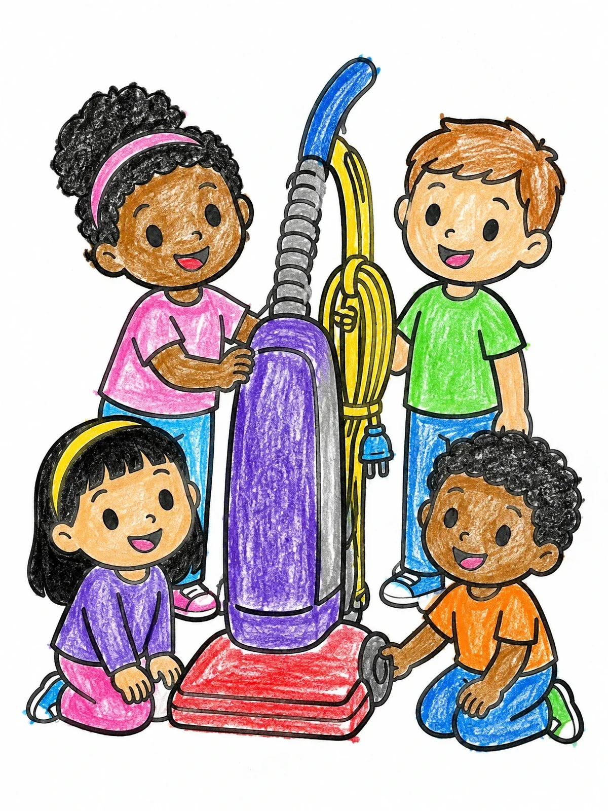 Colored example of the Children With An Upright Vacuum Cleaner coloring page