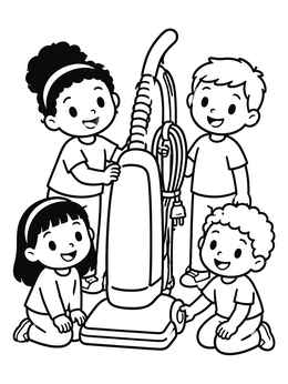 Free printable Children With An Upright Vacuum Cleaner coloring page