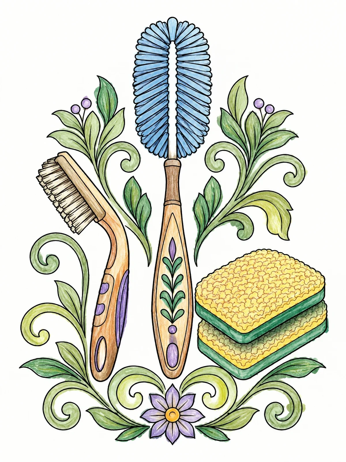 Colored example of the Decorative Scrub Brushes And Sponges coloring page