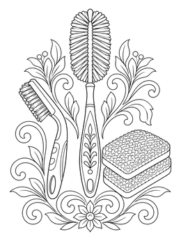A cleaning coloring page showing a bottle brush, scrub brush, and textured sponges surrounded by botanical flourishes.
