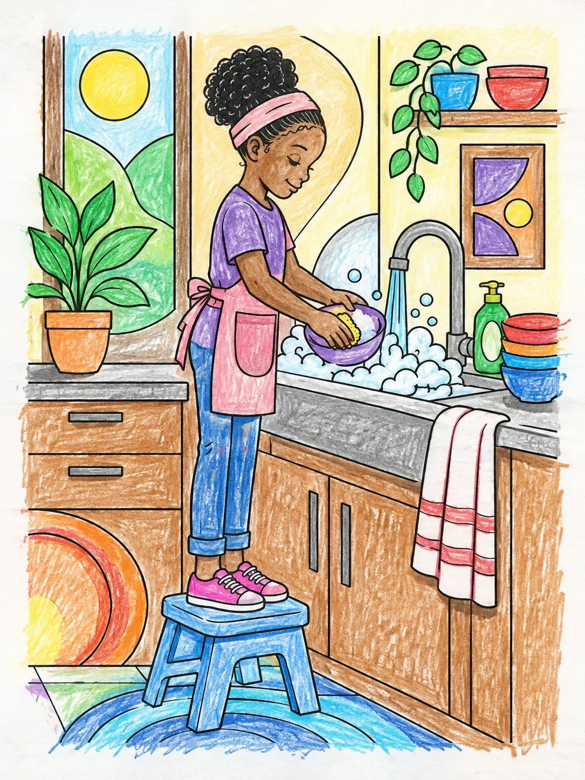 Colored example of the Young Girl Washing Dishes In Kitchen coloring page