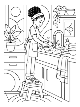 A young girl cleans dishes by the sink in this charming cleaning coloring page.