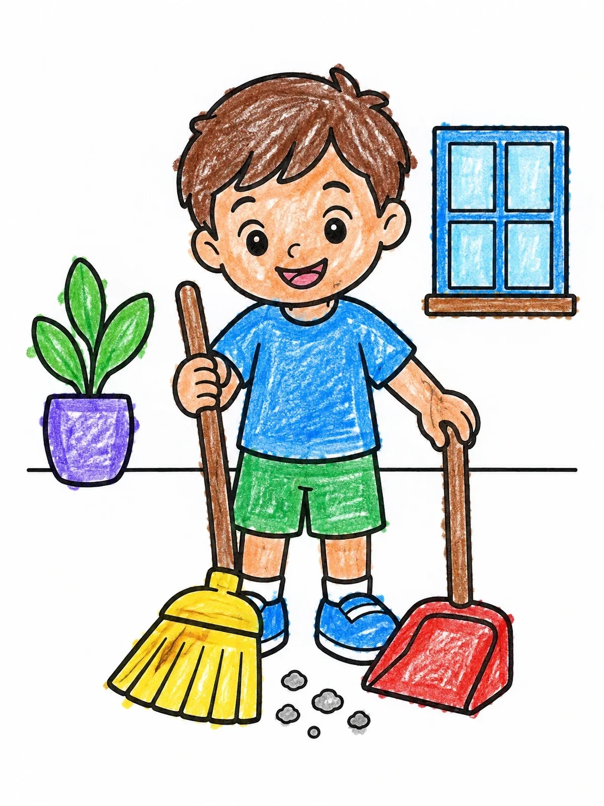 Colored example of the Happy Boy Sweeping The Floor coloring page