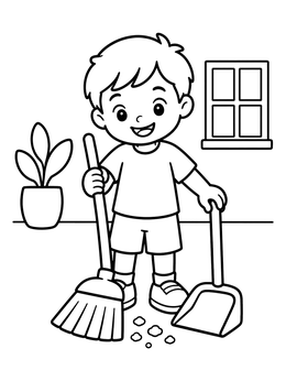 Free printable Happy Boy Sweeping The Floor coloring page