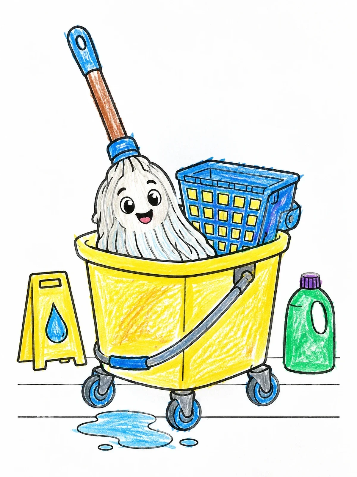Colored example of the Happy Mop In Rolling Bucket coloring page
