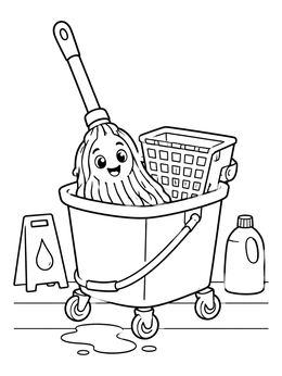 Free printable Happy Mop In Rolling Bucket coloring page