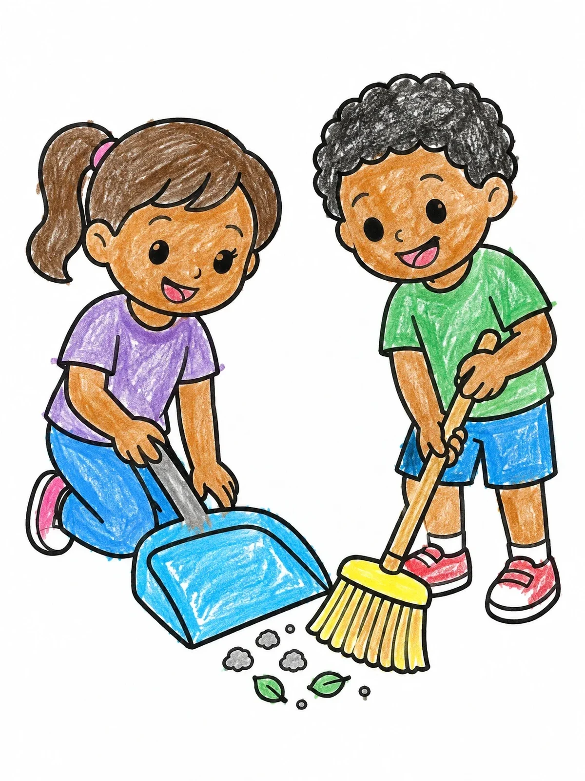 Colored example of the Kids Sweeping With Broom And Dustpan coloring page