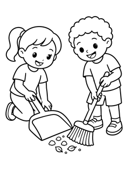 Free printable Kids Sweeping With Broom And Dustpan coloring page