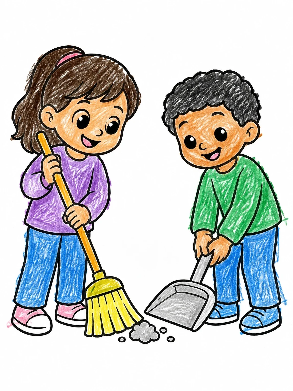 Colored example of the Children Sweeping With Broom And Dustpan coloring page