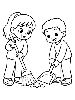 Free printable Children Sweeping With Broom And Dustpan coloring page