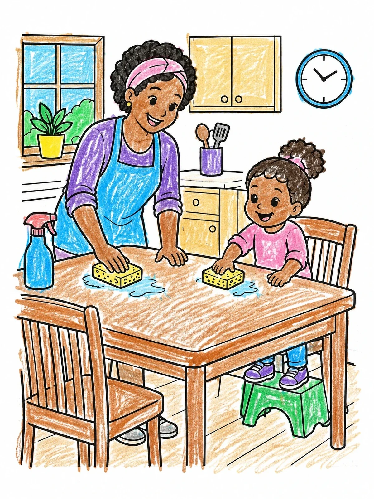 Colored example of the Cleaning The Kitchen Table Together coloring page