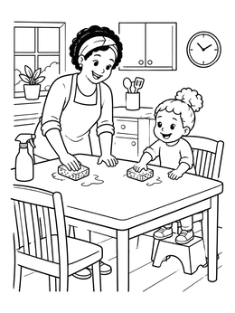 Free printable Cleaning The Kitchen Table Together coloring page