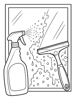 A spray bottle and squeegee wipe suds on this cleaning coloring page.