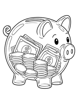 Free printable Clear Piggy Bank With Money coloring page