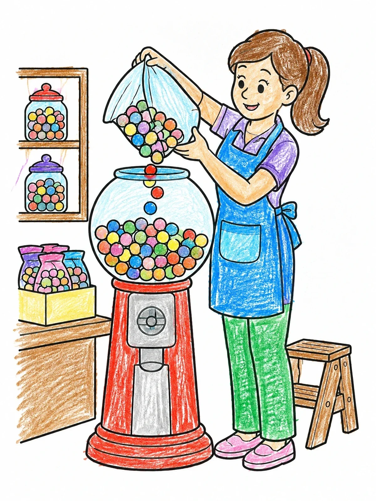 Colored example of the Shop Clerk Refilling A Gumball Machine coloring page