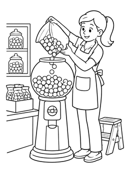 Free printable Shop Clerk Refilling A Gumball Machine coloring page