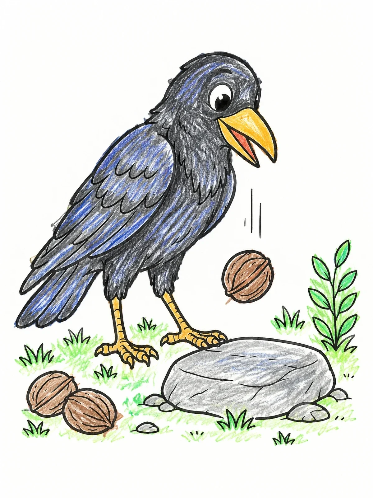 Colored example of the Clever Raven Dropping A Walnut coloring page