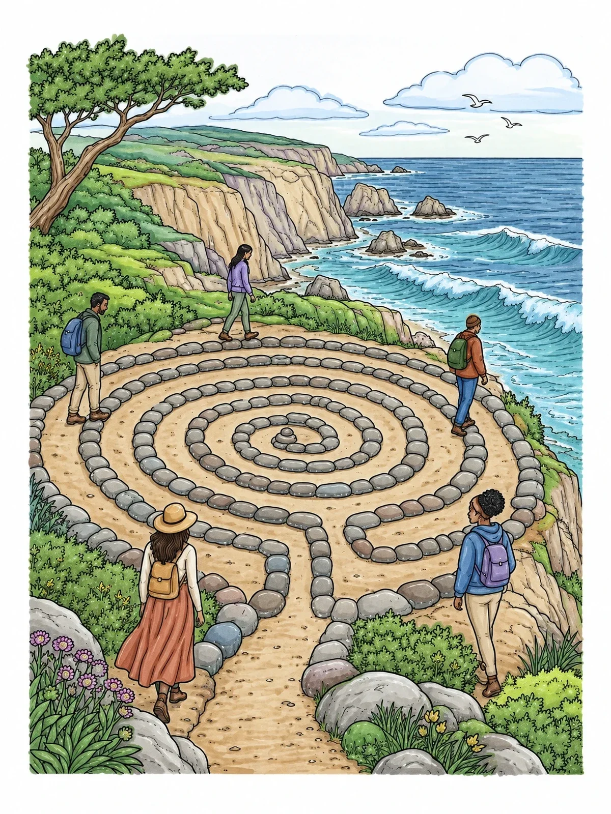 Colored example of the Cliffside Stone Labyrinth By The Ocean coloring page