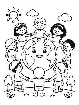 Free printable Children Holding Hands Around Planet Earth coloring page