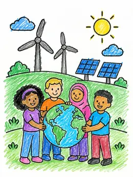 Children Protecting The Planet Together – Climate Change Coloring Page