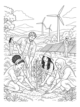 Volunteers plant a sapling near wind turbines in this climate change coloring page.