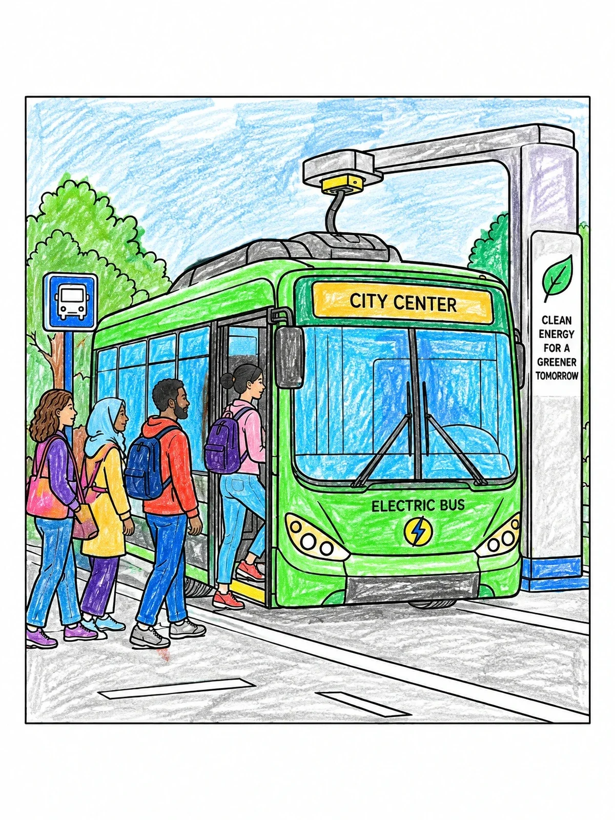 Colored example of the Electric City Bus At Charging Station coloring page