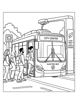 Passengers board an electric city bus in this climate change coloring page.