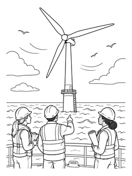 Engineers look out at an offshore turbine in this climate change coloring page.