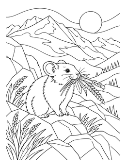 A small mountain pika gathering grass in this climate change coloring page with high peaks in the background.