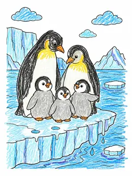 Penguin Family On Melting Ice – Climate Change Coloring Page