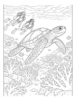 A sea turtle swims over a coral reef observed by divers in this climate change coloring page.
