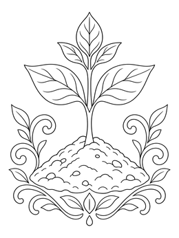 A leafy seedling grows in this climate change coloring page with ornamental flourishes.
