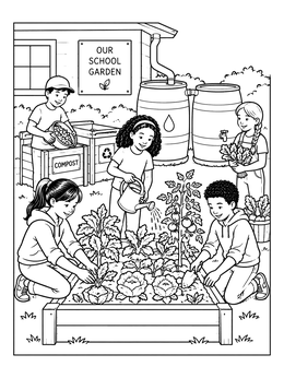 Students planting veggies in a climate change coloring page with rain barrels and compost.