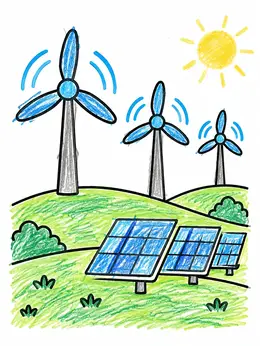 Wind Turbines And Solar Farm – Climate Change Coloring Page