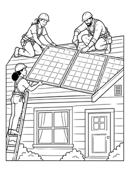 A climate change coloring page showing three technicians installing solar panels on a house roof.