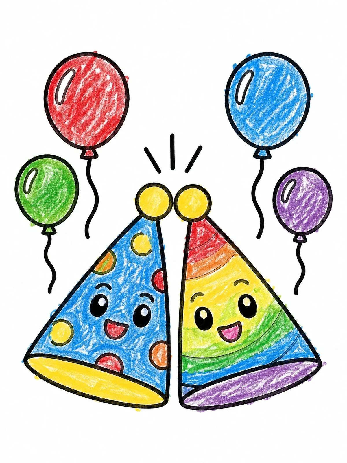 Colored example of the Cheerful Clinking Party Hats With Balloons coloring page