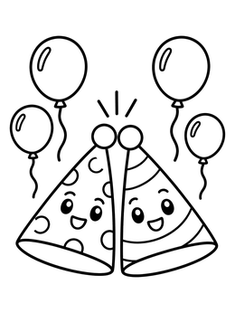 A simple party hat coloring page featuring two cute cartoon hats clinking together near floating balloons.