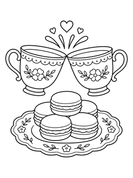 A delightful tea cup coloring page with two toasting cups above a plate of macarons.