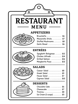 A restaurant menu coloring page on a clipboard featuring appetizers, entrees, salads, and desserts.