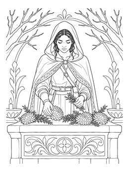 A hooded woman decorates an outdoor altar in this serene samhain coloring page.