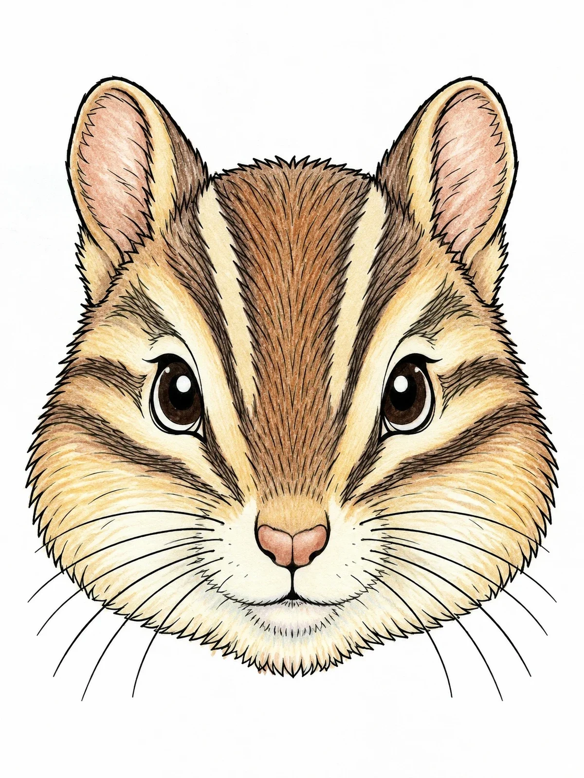 Colored example of the Close Up Chipmunk Face Portrait coloring page